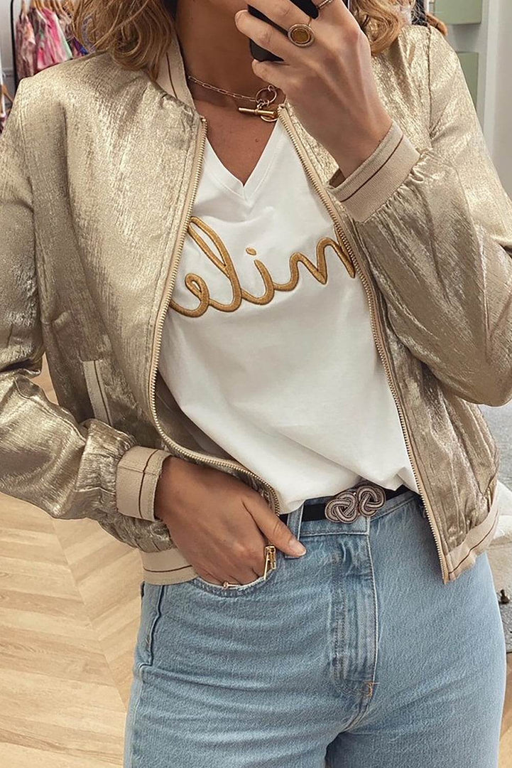 Pale Khaki Metallic Zip up Baseball Jacket - Fashion Queen -  1