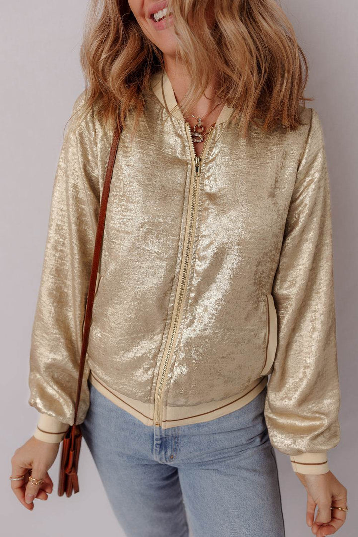 Pale Khaki Metallic Zip up Baseball Jacket - Fashion Queen -  11