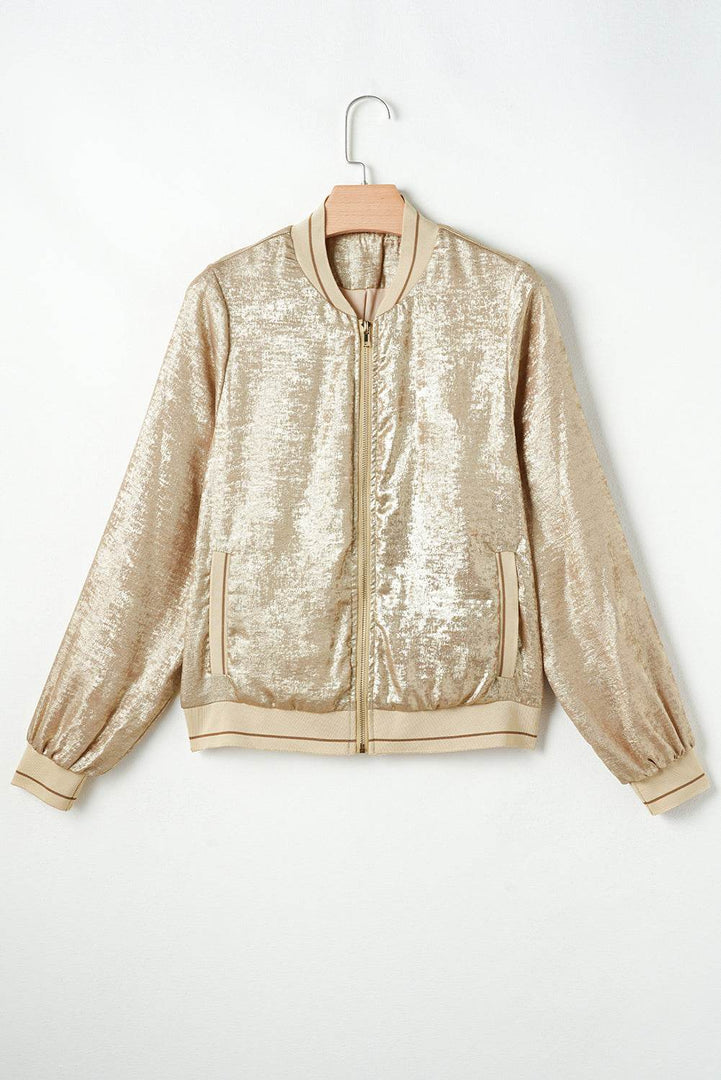 Pale Khaki Metallic Zip up Baseball Jacket - Fashion Queen -  12