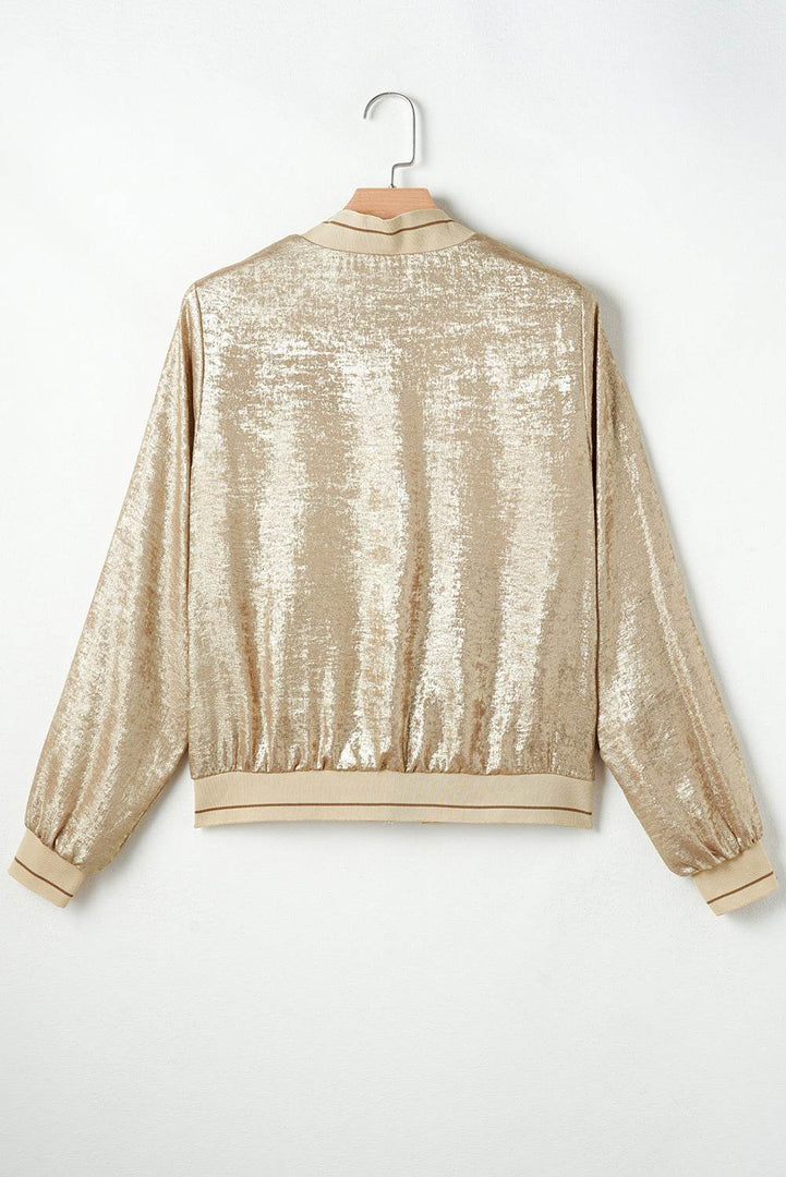 Pale Khaki Metallic Zip up Baseball Jacket - Fashion Queen -  13