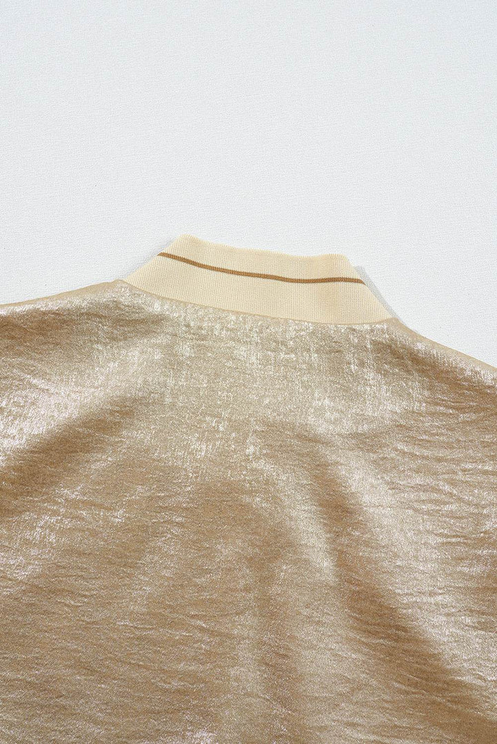 Pale Khaki Metallic Zip up Baseball Jacket - Fashion Queen -  18