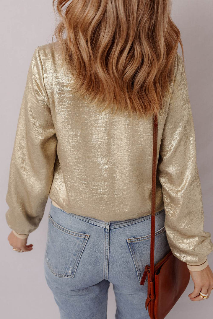 Pale Khaki Metallic Zip up Baseball Jacket - Fashion Queen -  6