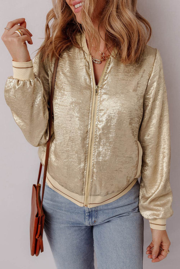 Pale Khaki Metallic Zip up Baseball Jacket - Fashion Queen -  7