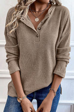 Load image into Gallery viewer, Pale Khaki Rib Textured Henley Knit Top - Fashion Queen -  1
