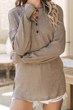 Load image into Gallery viewer, Pale Khaki Rib Textured Henley Knit Top - Fashion Queen -  10
