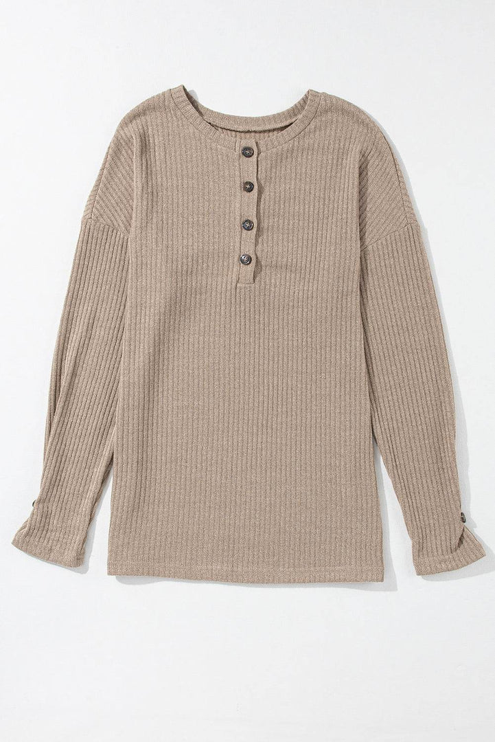Pale Khaki Rib Textured Henley Knit Top - Fashion Queen -  14