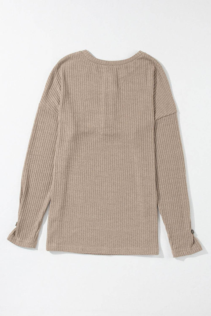Pale Khaki Rib Textured Henley Knit Top - Fashion Queen -  15