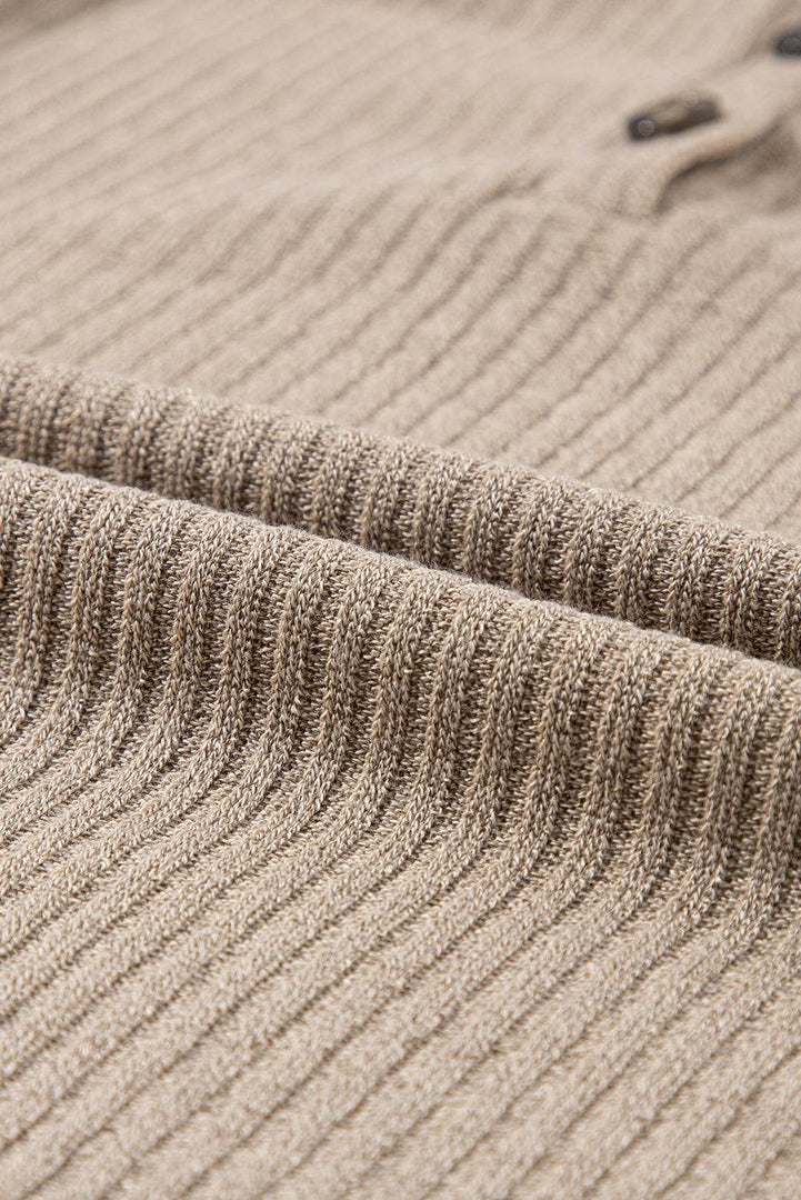 Pale Khaki Rib Textured Henley Knit Top - Fashion Queen -  16