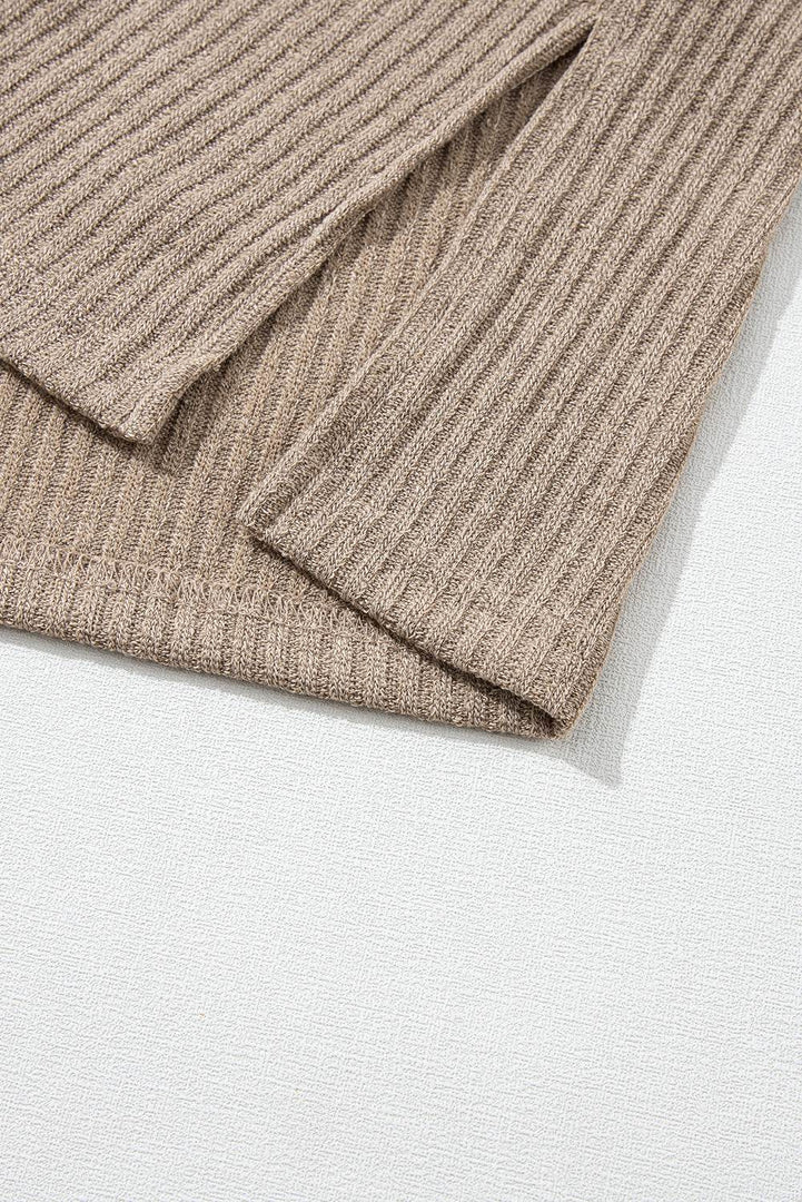 Pale Khaki Rib Textured Henley Knit Top - Fashion Queen -  17