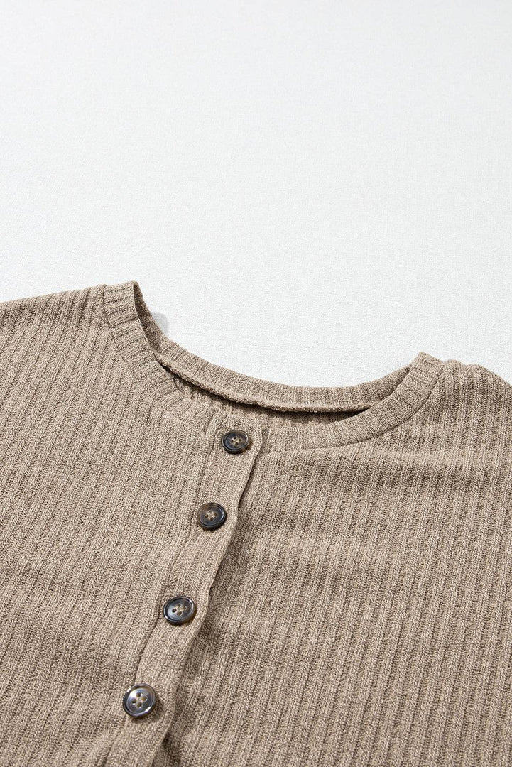 Pale Khaki Rib Textured Henley Knit Top - Fashion Queen -  19