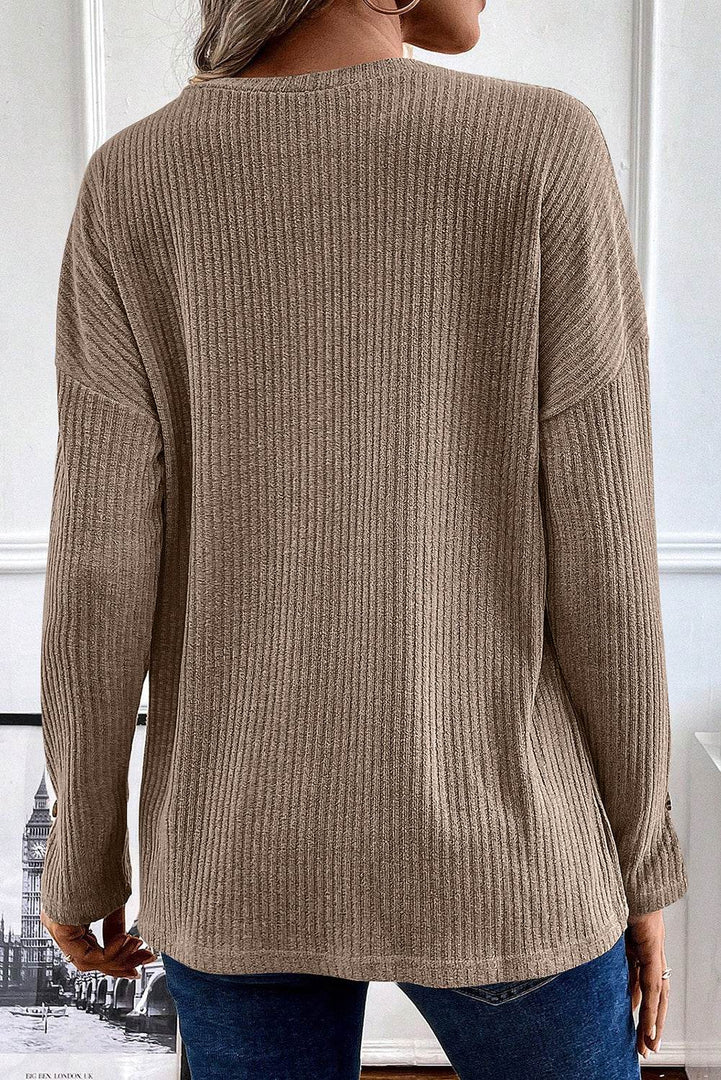 Pale Khaki Rib Textured Henley Knit Top - Fashion Queen -  2
