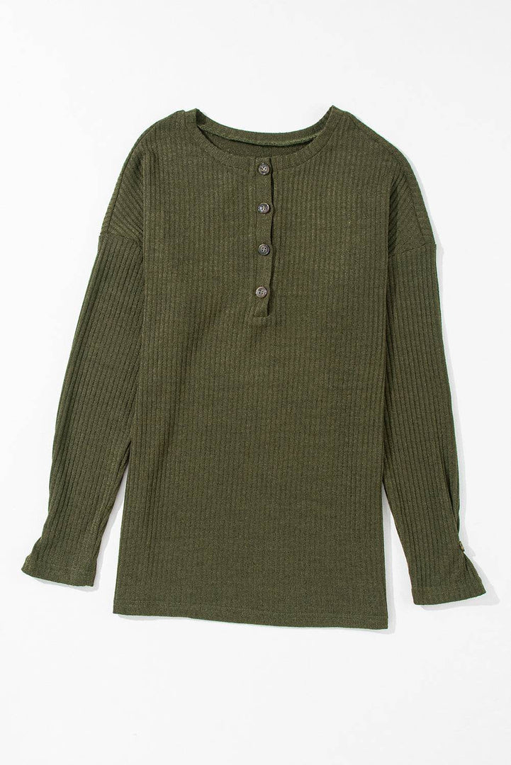 Pale Khaki Rib Textured Henley Knit Top - Fashion Queen -  20