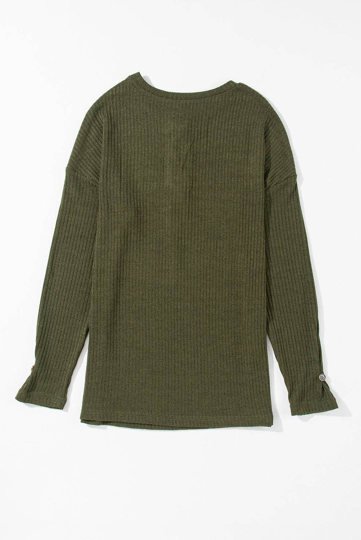 Pale Khaki Rib Textured Henley Knit Top - Fashion Queen -  21
