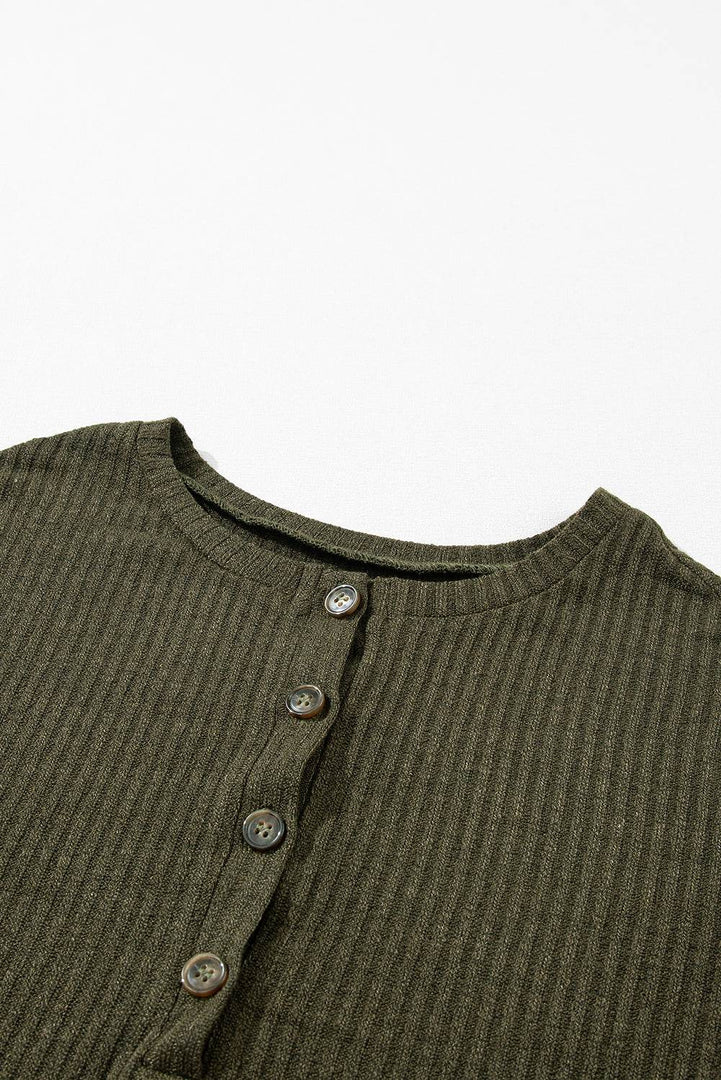 Pale Khaki Rib Textured Henley Knit Top - Fashion Queen -  24