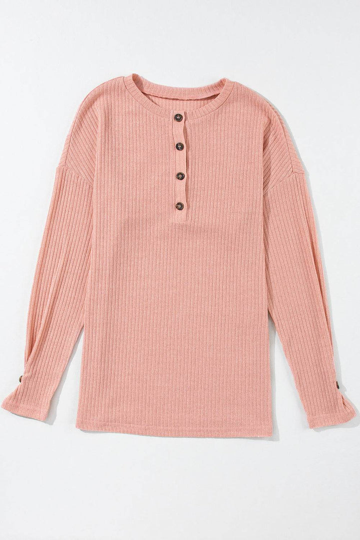 Pale Khaki Rib Textured Henley Knit Top - Fashion Queen -  26
