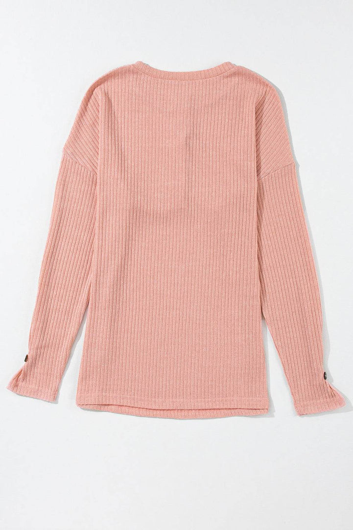 Pale Khaki Rib Textured Henley Knit Top - Fashion Queen -  27