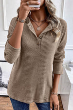 Load image into Gallery viewer, Pale Khaki Rib Textured Henley Knit Top - Fashion Queen -  3
