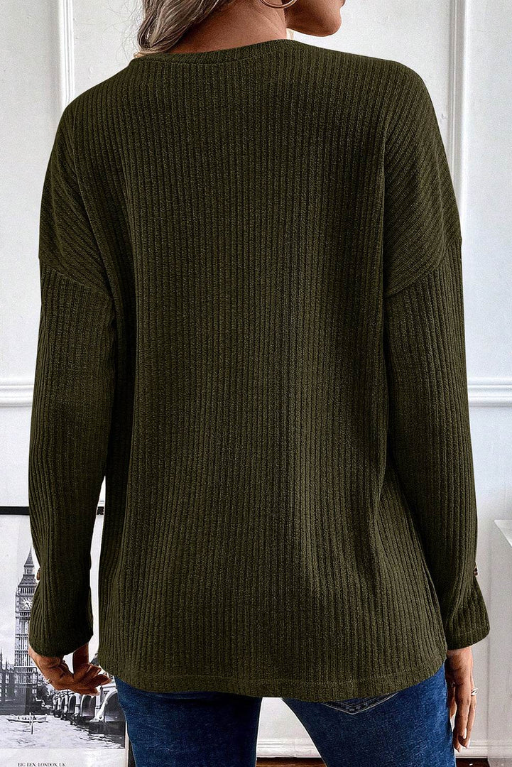 Pale Khaki Rib Textured Henley Knit Top - Fashion Queen -  6
