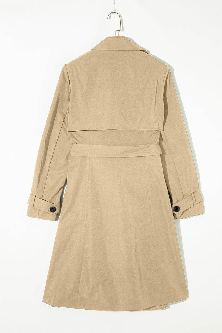 Pale Khaki Solid Color Lapel Collar Waist Tie Wind Coat - Fashion Queen -  10