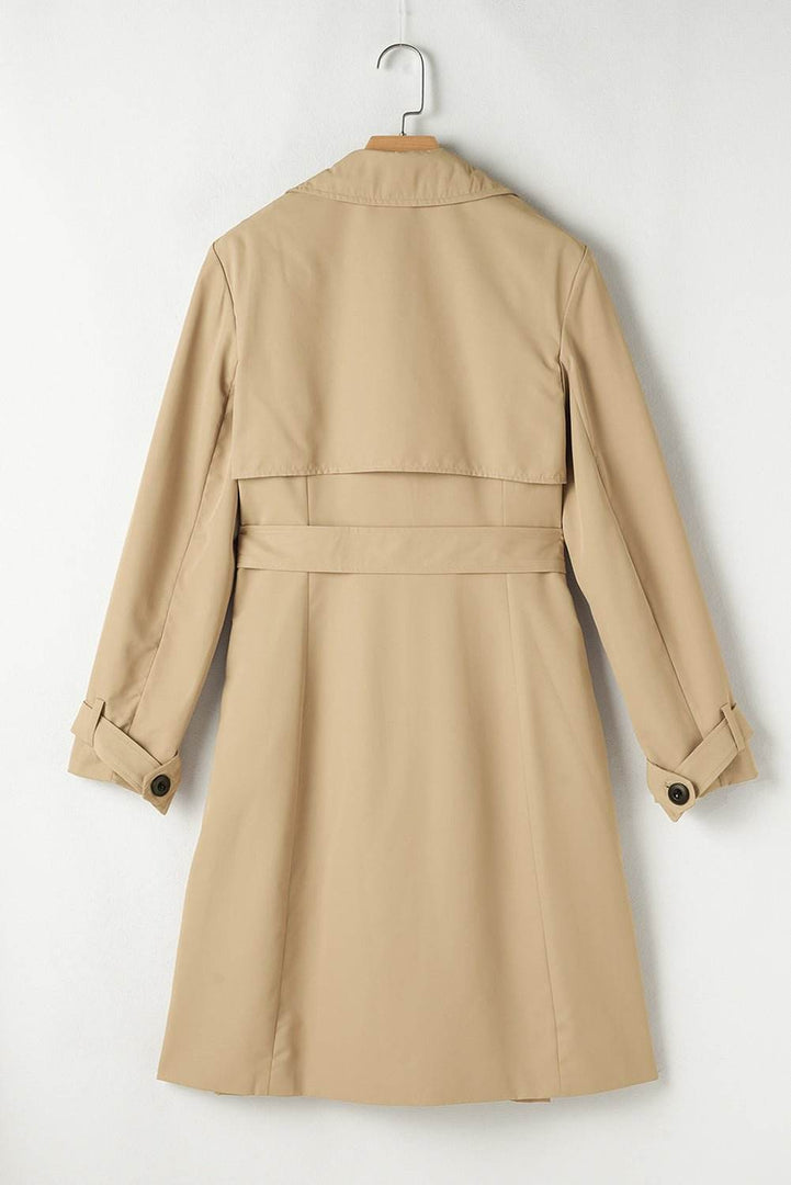 Pale Khaki Solid Color Lapel Collar Waist Tie Wind Coat - Fashion Queen -  12