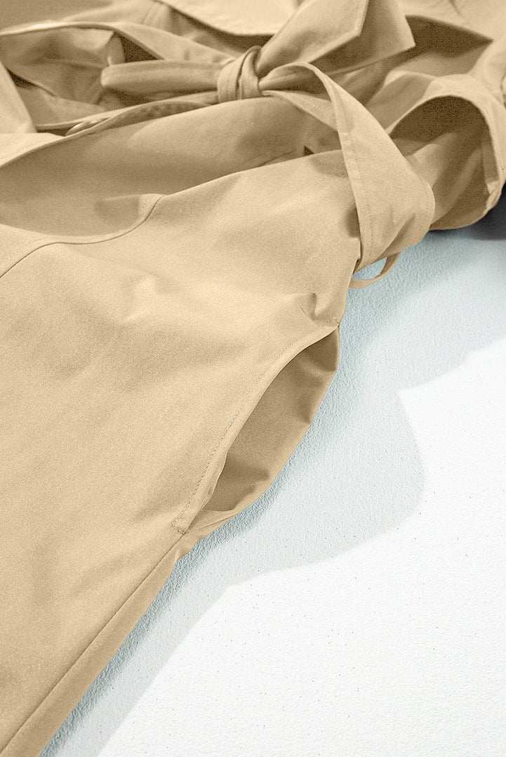Pale Khaki Solid Color Lapel Collar Waist Tie Wind Coat - Fashion Queen -  16