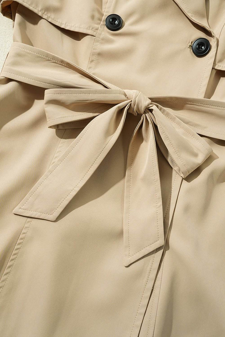 Pale Khaki Solid Color Lapel Collar Waist Tie Wind Coat - Fashion Queen -  20