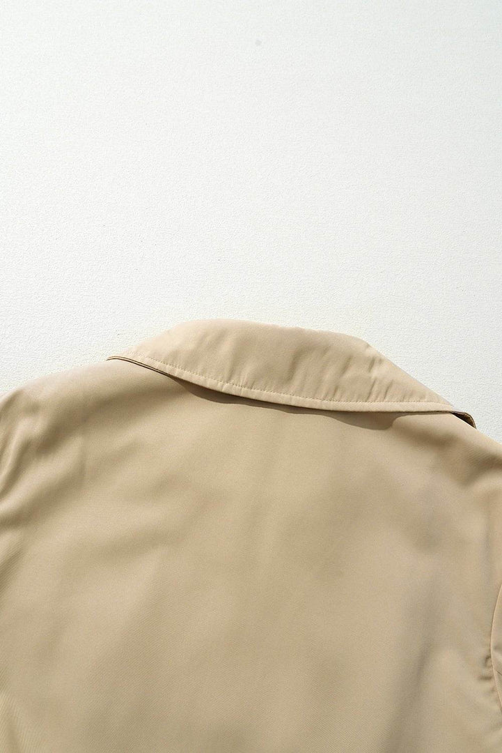 Pale Khaki Solid Color Lapel Collar Waist Tie Wind Coat - Fashion Queen -  23