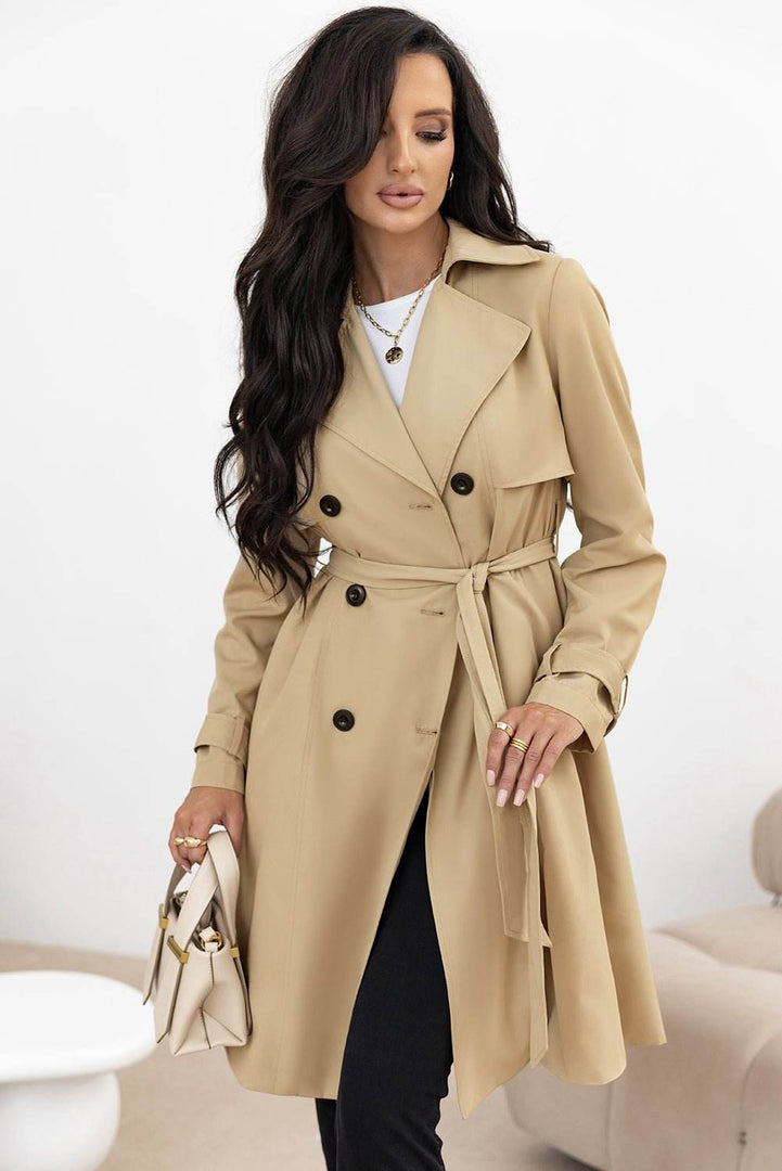 Pale Khaki Solid Color Lapel Collar Waist Tie Wind Coat - Fashion Queen -  5