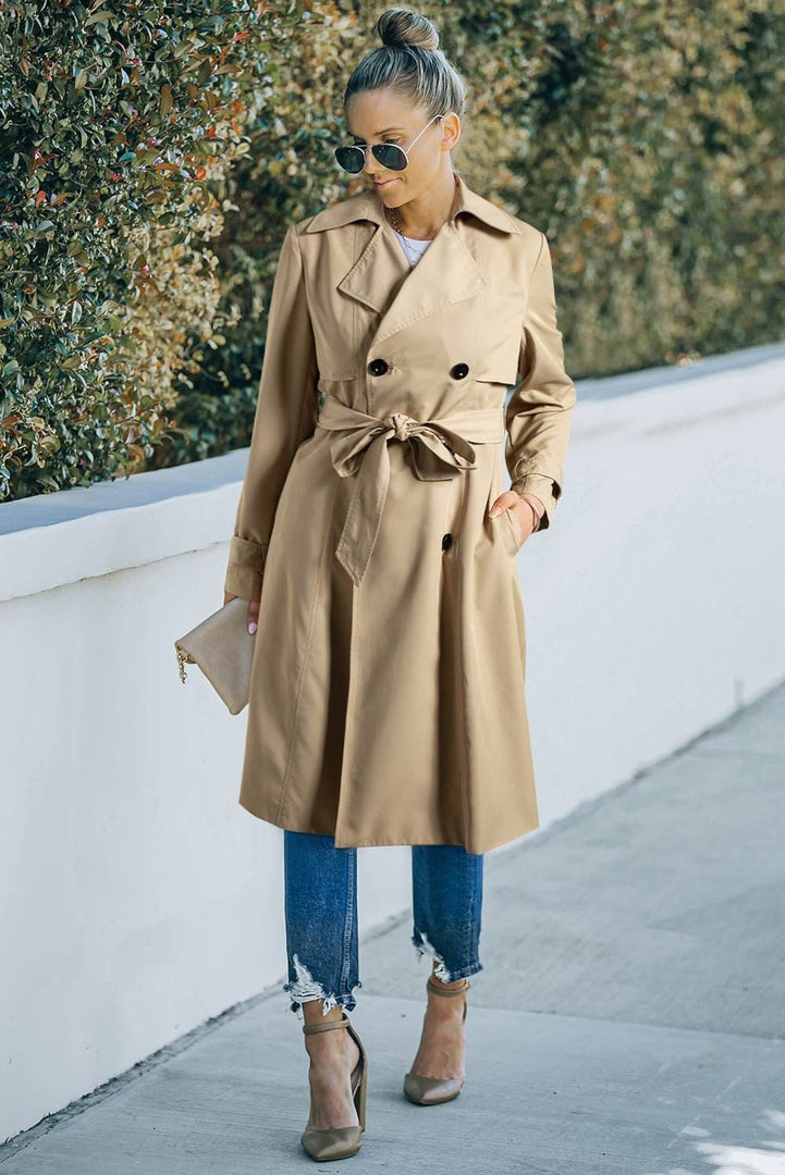 Pale Khaki Solid Color Lapel Collar Waist Tie Wind Coat - Fashion Queen -  7