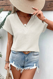 Pale Khaki Textured Wide Sleeve V Neck T Shirt - Fashion Queen -  1