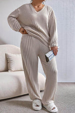 Load image into Gallery viewer, Parchment Plus Size Ribbed V Neck Pullover and Pants Set - Fashion Queen -  1
