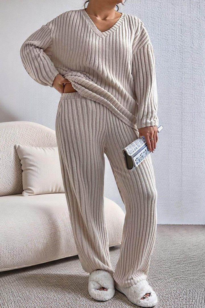 Parchment Plus Size Ribbed V Neck Pullover and Pants Set - Fashion Queen -  1