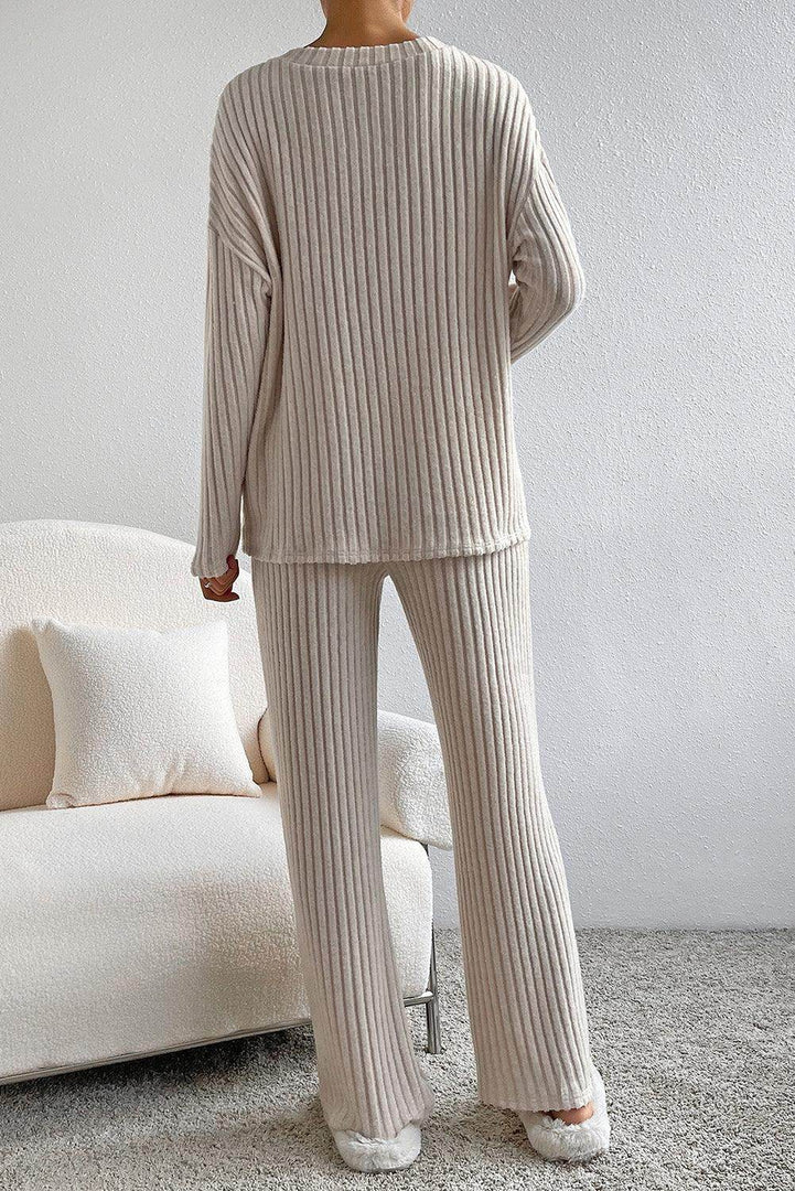 Parchment Plus Size Ribbed V Neck Pullover and Pants Set - Fashion Queen -  2