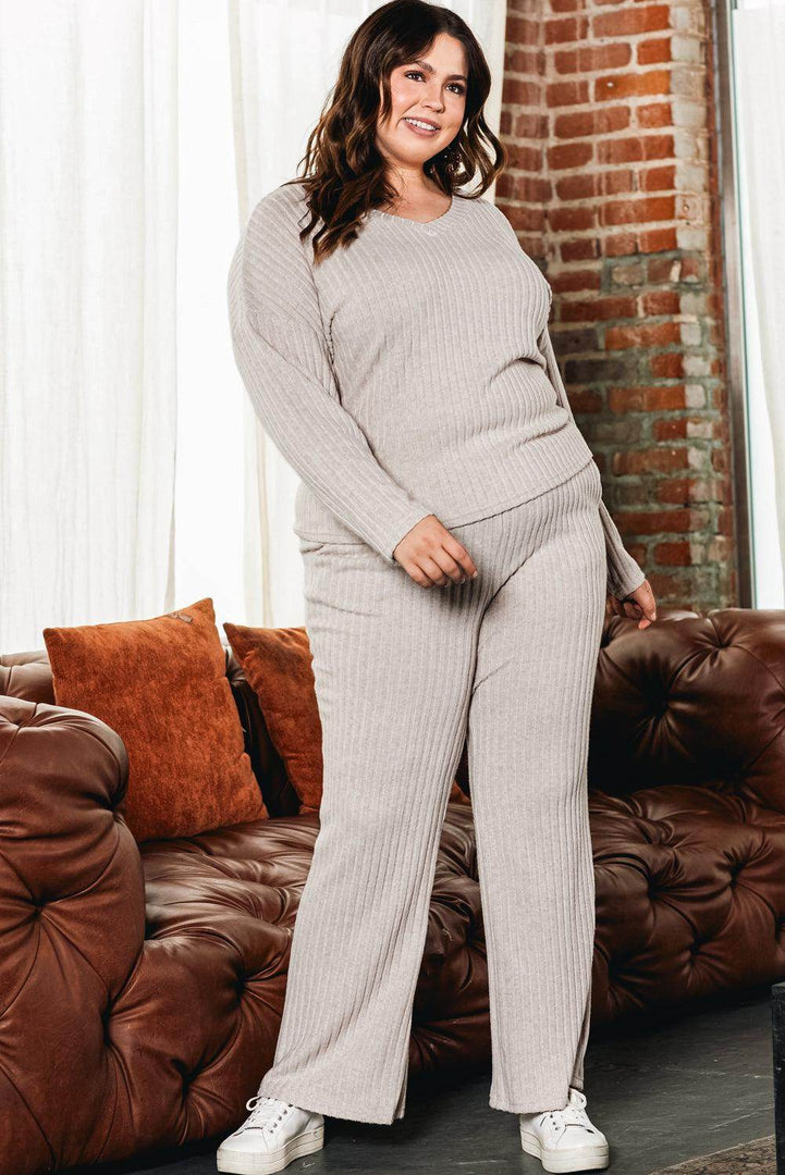 Parchment Plus Size Ribbed V Neck Pullover and Pants Set - Fashion Queen -  3