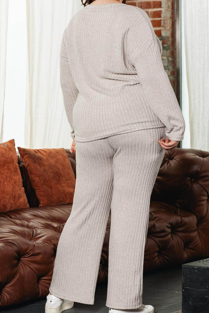 Parchment Plus Size Ribbed V Neck Pullover and Pants Set - Fashion Queen -  4
