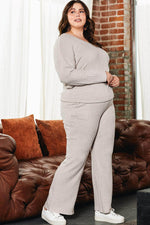 Load image into Gallery viewer, Parchment Plus Size Ribbed V Neck Pullover and Pants Set - Fashion Queen -  5
