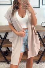 Load image into Gallery viewer, Parchment Ribbed Pocketed Short Sleeve Open Front Top - Fashion Queen -  1
