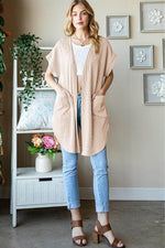 Load image into Gallery viewer, Parchment Ribbed Pocketed Short Sleeve Open Front Top - Fashion Queen -  2
