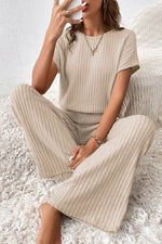 Load image into Gallery viewer, Parchment Solid Color Ribbed Short Sleeve Wide Leg Jumpsuit - Fashion Queen -  1

