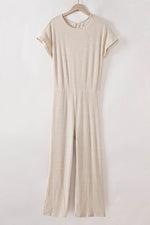 Load image into Gallery viewer, Parchment Solid Color Ribbed Short Sleeve Wide Leg Jumpsuit - Fashion Queen -  10
