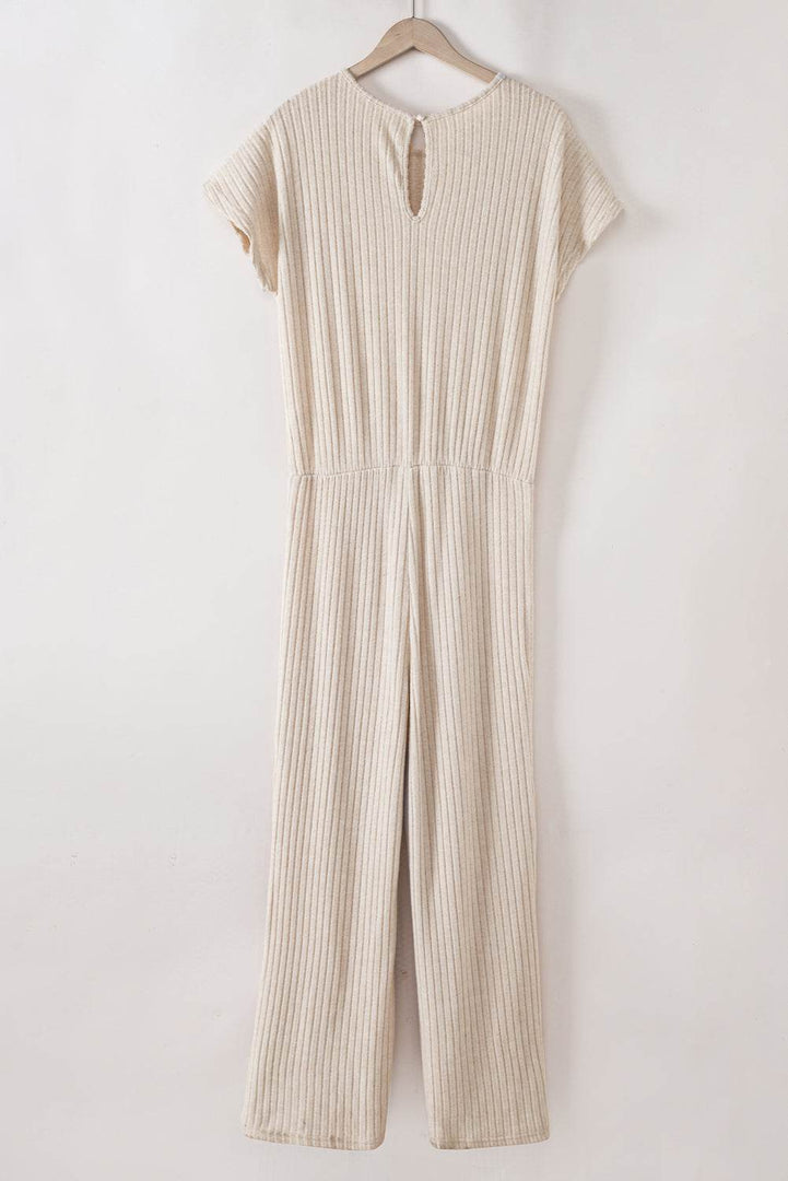 Parchment Solid Color Ribbed Short Sleeve Wide Leg Jumpsuit - Fashion Queen -  11