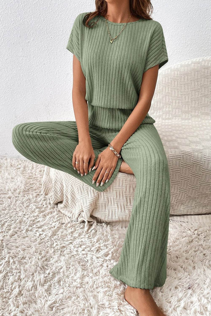 Parchment Solid Color Ribbed Short Sleeve Wide Leg Jumpsuit - Fashion Queen -  19
