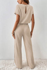 Load image into Gallery viewer, Parchment Solid Color Ribbed Short Sleeve Wide Leg Jumpsuit - Fashion Queen -  2
