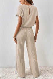 Parchment Solid Color Ribbed Short Sleeve Wide Leg Jumpsuit - Fashion Queen -  2