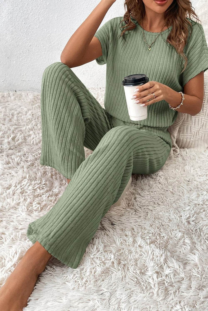 Parchment Solid Color Ribbed Short Sleeve Wide Leg Jumpsuit - Fashion Queen -  20
