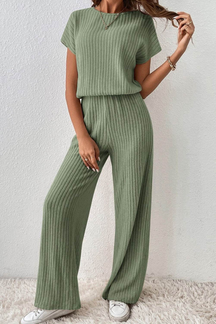 Parchment Solid Color Ribbed Short Sleeve Wide Leg Jumpsuit - Fashion Queen -  21