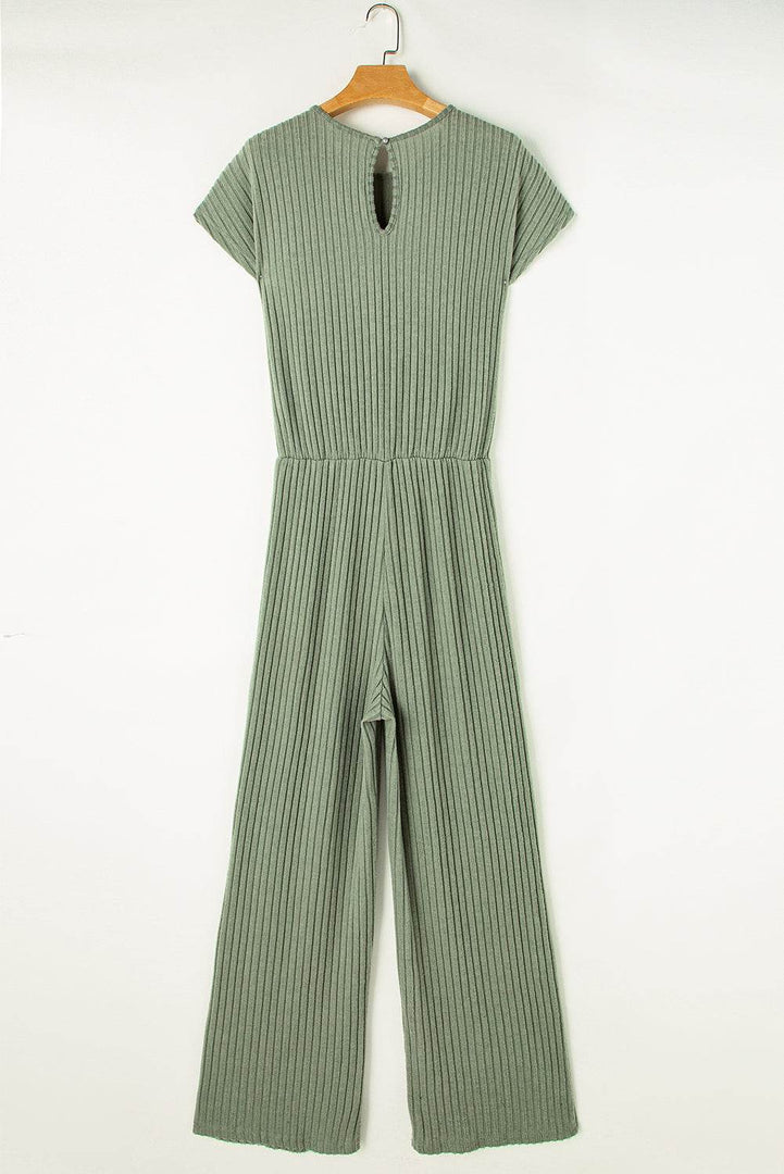 Parchment Solid Color Ribbed Short Sleeve Wide Leg Jumpsuit - Fashion Queen -  23