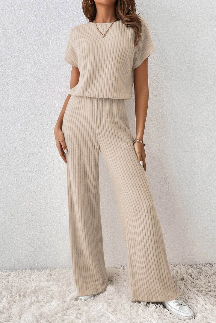 Parchment Solid Color Ribbed Short Sleeve Wide Leg Jumpsuit - Fashion Queen -  3