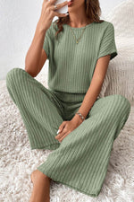 Load image into Gallery viewer, Parchment Solid Color Ribbed Short Sleeve Wide Leg Jumpsuit - Fashion Queen -  4
