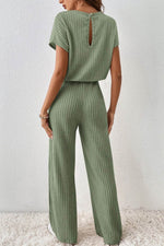 Load image into Gallery viewer, Parchment Solid Color Ribbed Short Sleeve Wide Leg Jumpsuit - Fashion Queen -  5
